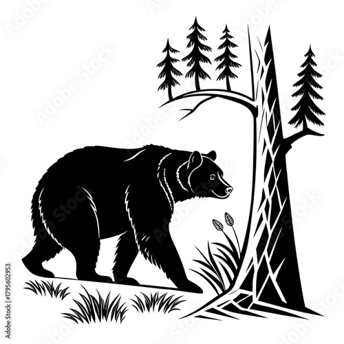 Walking Bear Silhouette Vector Illustration in Pine Forest Landscape - Great for Outdoors, Camping, Hunting Logos, and Wilderness Graphics.