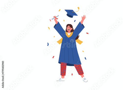 A cheerful young student in a graduation robe, holding a diploma, depicted as a cute girl wearing a bachelor cap in a clean flat vector illustration against a white background