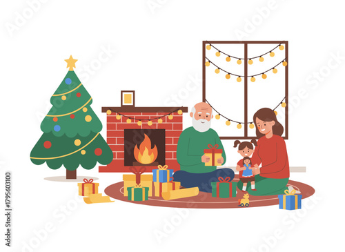 A mother and father give their daughter a Christmas present, as she opens a surprise box at home, depicting a joyful family during a winter holiday in a flat vector illustration on a white background