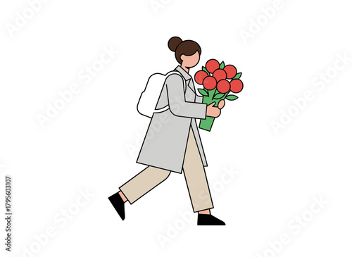 A cheerful woman walks outdoors with a Christmas poinsettia plant, and a girl carries a festive holiday flower in a pot after winter holiday shopping, all shown as a flat vector illustration on a