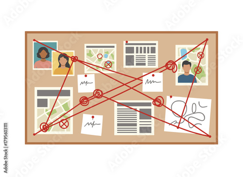 Flat vector illustration of a crime research board, depicting crime investigation and mystery solving, featuring police department detective workspace accessories, newspaper clippings, photos, and a