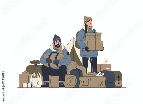 A homeless couple, a man and a woman, are begging for money on the street; they are depicted as bums, beggars, vagrants, or vagabonds, portrayed as poor cartoon characters set against a white