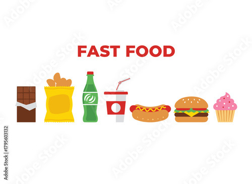 A set of flat vector illustrations of fast food, featuring isolated cliparts of restaurant takeaway items on a white background, showcasing unhealthy nutrition and tasty hotdogs, burgers, and other