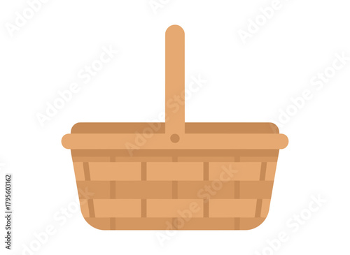 A straw basket with a braided woven handle, realistic lidless wicker construction, empty for storage, handcrafted wickerwork, depicted in a colored flat vector illustration against a white background