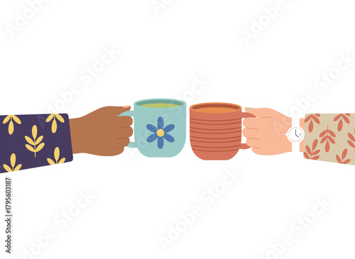 Hands clutching tea cups, coffee mugs raised in cheers, girls and friends, a couple enjoying hot drinks while celebrating, a breakfast gathering and meeting, all depicted in a flat graphic vector