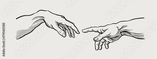 Detailed Engraving of Two Hands Reaching Towards Each Other touching human