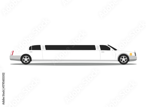 A long, stretched limousine, a luxury VIP automobile, a premium, prestigious, classy, expensive, large vehicle for road transport, shown as a flat vector illustration on a white background