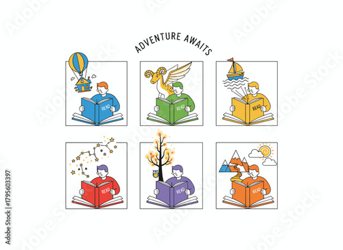 Children's literature about imaginative adventures in fantasy worlds, told through fairy tales and fiction, illustrated with flat vector graphics set against a white background