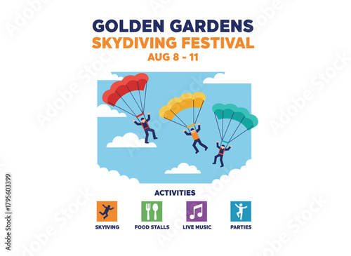 Colorful vector flat illustration of a skydiving festival poster, featuring a place for text, announcing an extreme sport parachuting holiday with an active parachutist performing daring jumps