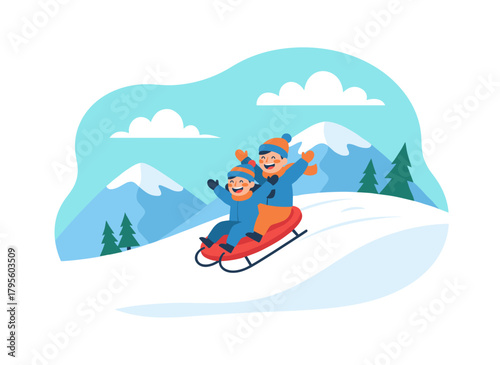 During winter holidays, people glide down slopes on sleds and snow tubes, while men ride toboggans and sleighs, enjoying active fun on snowy hills in a flat vector illustration