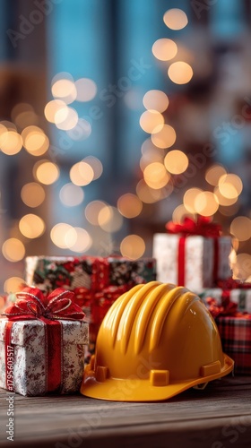 Festive christmas card banner with helmet and wrapped gifts on a table