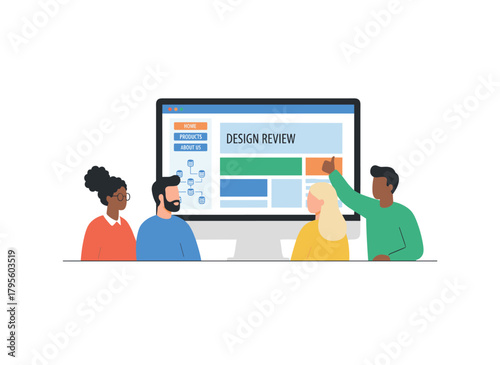 Concept for a web project presentation featuring the business team, developers, and designers showcasing the website interface design of a digital online product, with a flat vector illustration