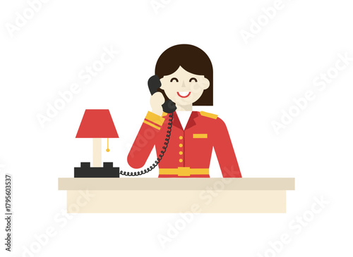 A cheerful cartoon woman in uniform at a hotel reception desk, smiling while talking on the phone, depicted in a flat vector illustration on a white background, representing a positive, professional