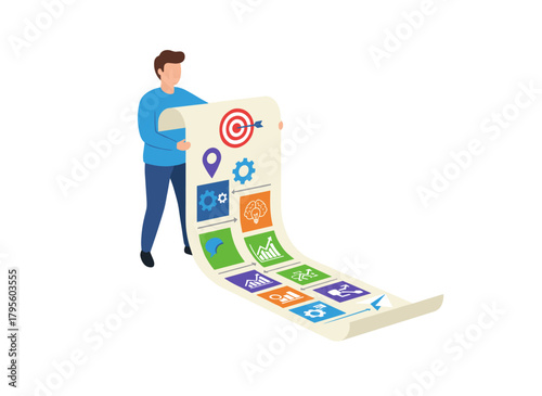 The marketing concept involves storytelling, outlining a development plan and strategy, and presenting a business idea, startup project, invention, or innovation, illustrated by a flat vector image