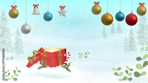 Festive winter wonderland scene with a magical glowing red gift box, colorful Christmas balls, a star, and a bell hanging over a snowy landscape with pine trees.