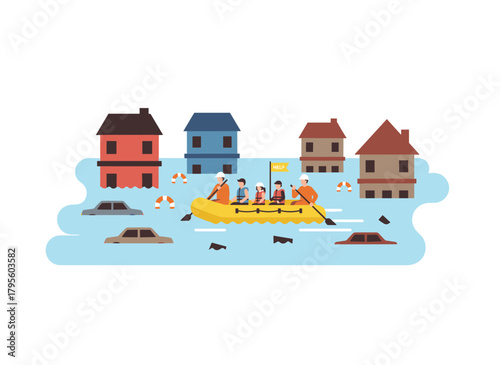 A pair of rescuers saved flood survivors seated in an inflatable boat, rescuing a family from a flooded town, depicted in a colorful flat cartoon vector illustration