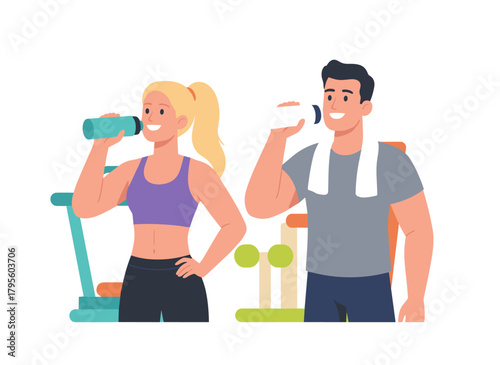 After training, people in sportswear sip fresh bottled water; a cheerful, thirsty couple enjoys aqua, illustrating post‑workout dehydration in a flat vector on a white background