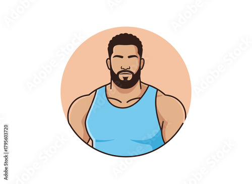 A muscular male avatar with a beard, portrayed as a fit athlete and bodybuilder, rendered as a circular user profile icon in a flat vector illustration on a white background