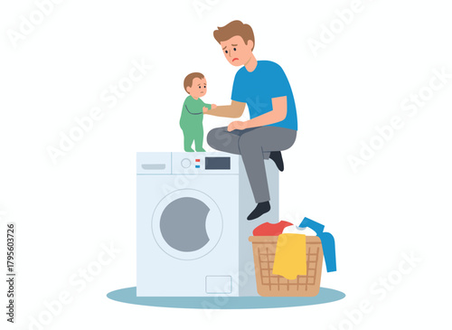 A young dad is washing clothes and sitting on a washing machine with his baby, showcasing his household duties and fatherhood in a colorful flat cartoon vector illustration set against a white