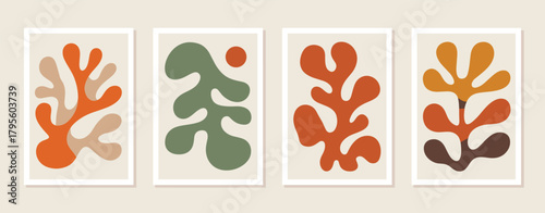 Four abstract organic shapes in warm earthy tones arranged in a row on a beige background Matisse style