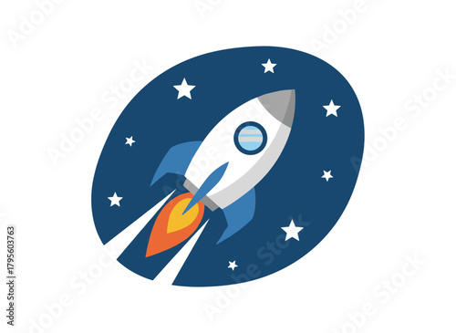 A colored flat vector illustration shows a rocket launch with blazing engine flames, propelling a spaceship upward into outer space as a cosmic shuttle takeoff and flight, embodying a startup concept
