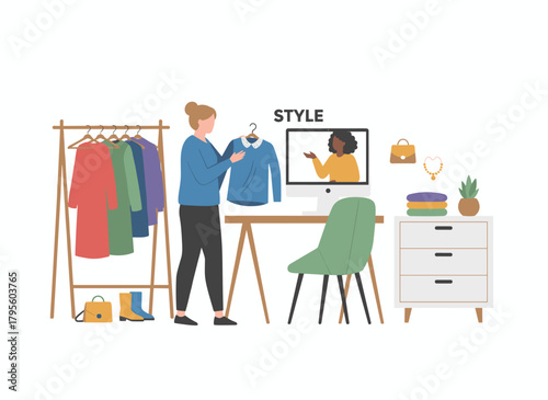 An online vector flat illustration of a female personal stylist consulting a client, demonstrating clothing on a computer while parsing wardrobes, selecting outfits, and organizing apparel