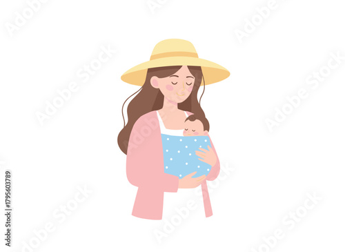A mother embraces her child in a baby sling, carrying a little kid in a wrap ring, while a woman holds a joyful infant in a cloth carrier, captured in a flat vector illustration of a mum and toddler