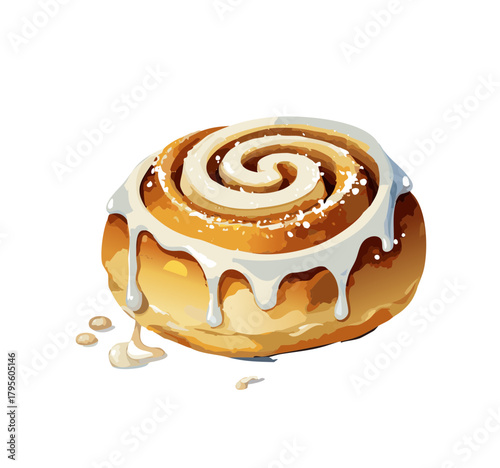 Cinnamon Roll Illustration — realistic vector of iced spiral pastry with dripping glaze