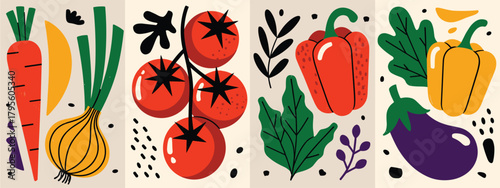 Vibrant Abstract Illustration of Fresh Vegetables and Leaves in a Grid Layout food healthy