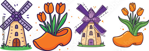 Traditional Dutch wooden clog filled with orange tulips beside a brightly colored windmill illustration.
