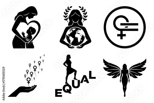 Women human rights gender equality feminist symbol collection with diverse representations of women