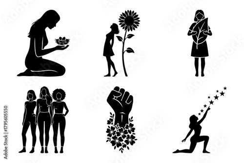 Women human rights gender equality diverse women silhouettes with floral and nature elements