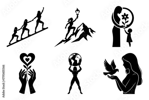 Women human rights gender equality diverse silhouettes showcasing teamwork, leadership, and empowerment
