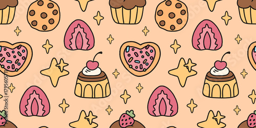Kawaii dessert pattern with cupcakes, cookies, pudding, strawberries and shiny stars. Sweet pastel background filled with charming treats and playful snack characters, perfect for cheerful kids design