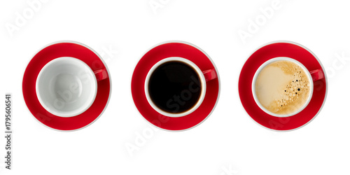 Empty , black americano and crema coffee red white cups isolated on white background. Mockup cup for drink.