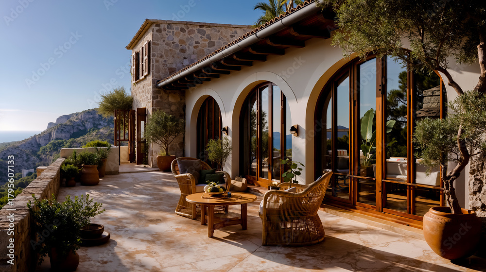 Naklejka premium A luxurious outdoor seating area with a view of the ocean featuring a stone building with arched windows and a patio with wicker chairs and a table