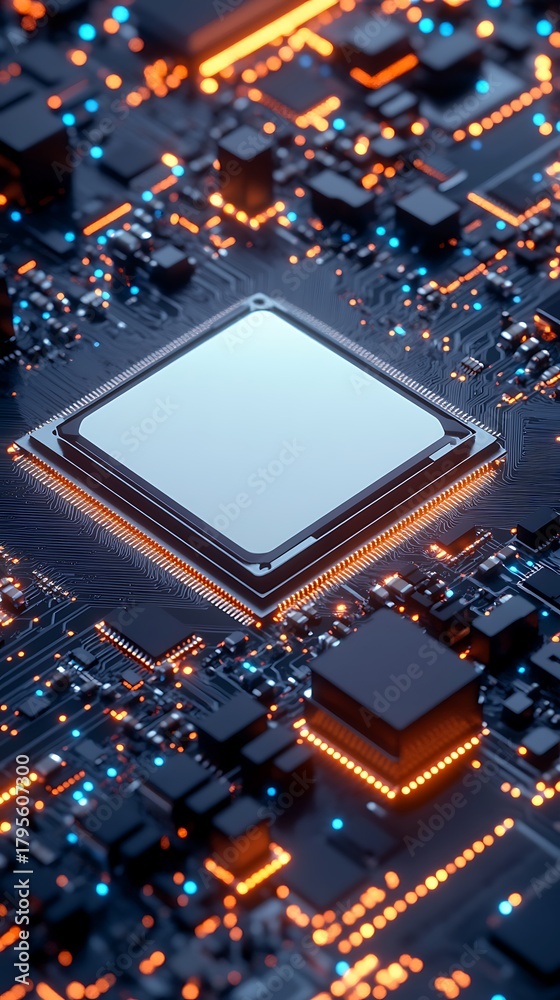 Fototapeta premium Advanced microchip with intricate circuit board, vibrant lights, and dark background for high performance systems