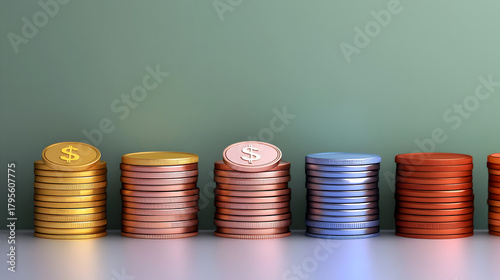 Colorful money coin stack shows finance growth. successful investment for future wealth and prosperity on clean background