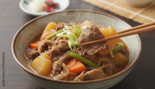 箸で肉じゃがを持ち上げる瞬間