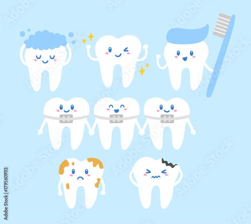 Set of cute tooth illustration. Dental hygiene and oral health care cartoon for kids education.