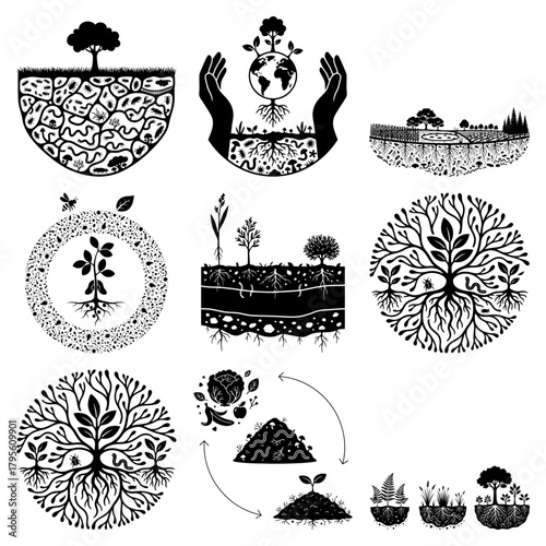 World soil day collection of black and white illustrations depicting ecological concepts and environmental themes