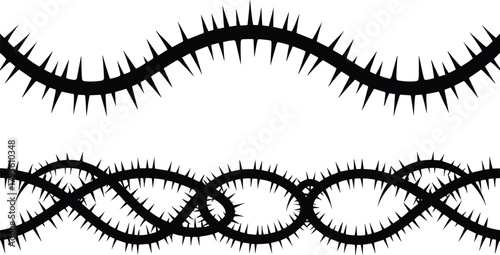 Spiked abstract curves, black thorn shapes, dangerous wave design, braided sharp pattern, industrial motif, security symbol, confinement structure, tension art