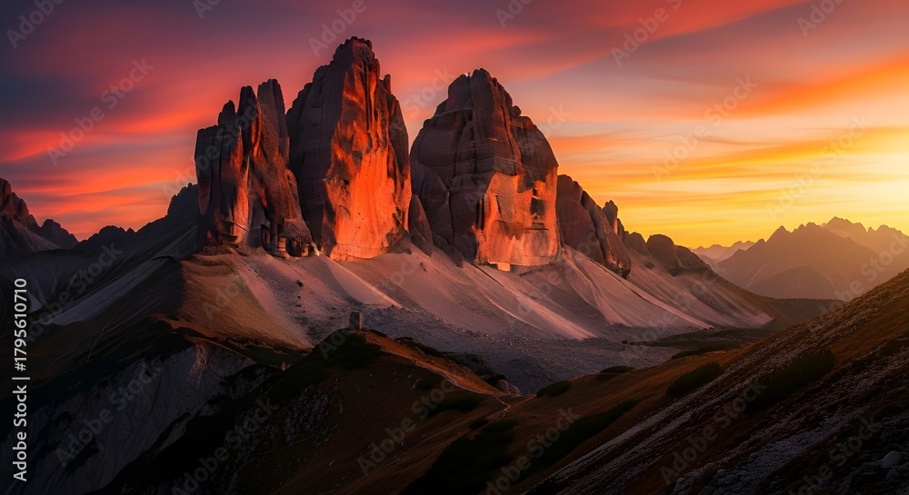 Naklejka premium Fiery sunset paints the sky with vibrant colors behind imposing, jagged mountain peaks in a dramatic landscape.