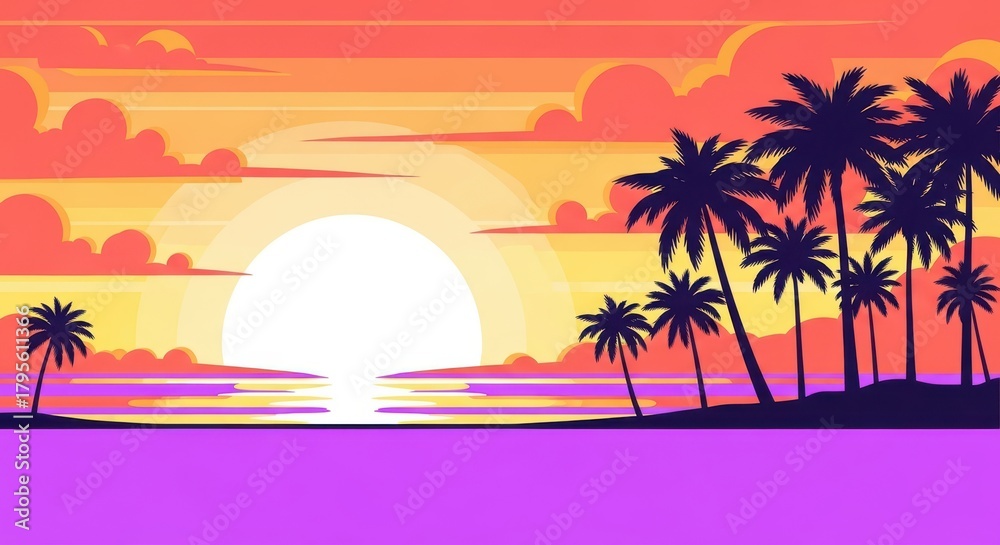 Naklejka premium A stunning tropical sunset over the ocean, with silhouetted palm trees against a vibrant sky filled with orange, pink, and purple hues, evoking a sense of paradise and relaxation