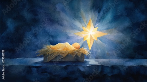 Watercolor nativity scene with luminous star over mary's cradle for christmas inspiration