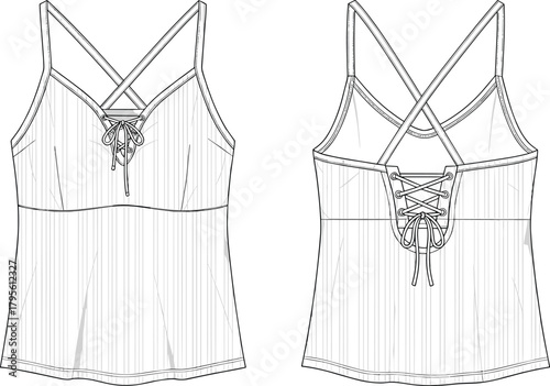 Women’s sleeveless lace-up front and back cami top technical fashion flat vector sketch with cross straps design