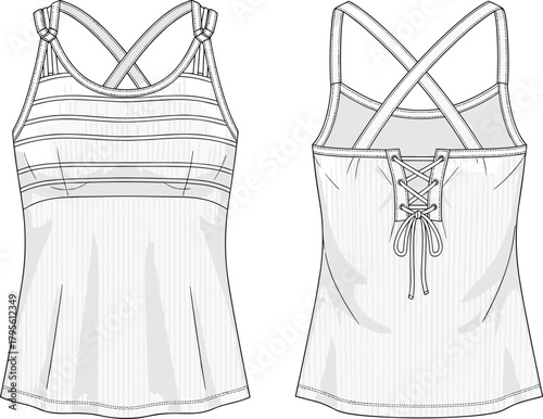 Women’s stylish camisole top with crisscross straps and lace-up back detailed fashion garment vector illustration template design