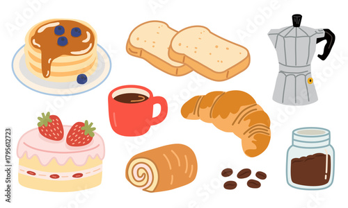 Breakfast Elements in Cute Flat Illustration for Café Menu Design