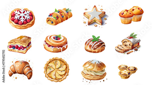 Holiday Pastry Vector Set — Festive Desserts, Sweet Treats, and Seasonal Bakery Illustrations