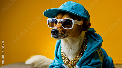 A dog wearing a blue hat sunglasses and a gold chain necklace
